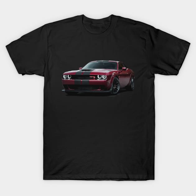 Blazing Passion: RED Dodge Challenger Fiery Full Body Posterize Car Design T-Shirt by GearHead Threads